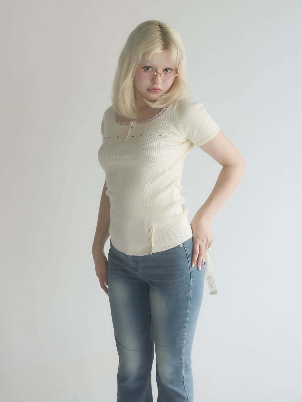 Lacey ribbon heart hip denim