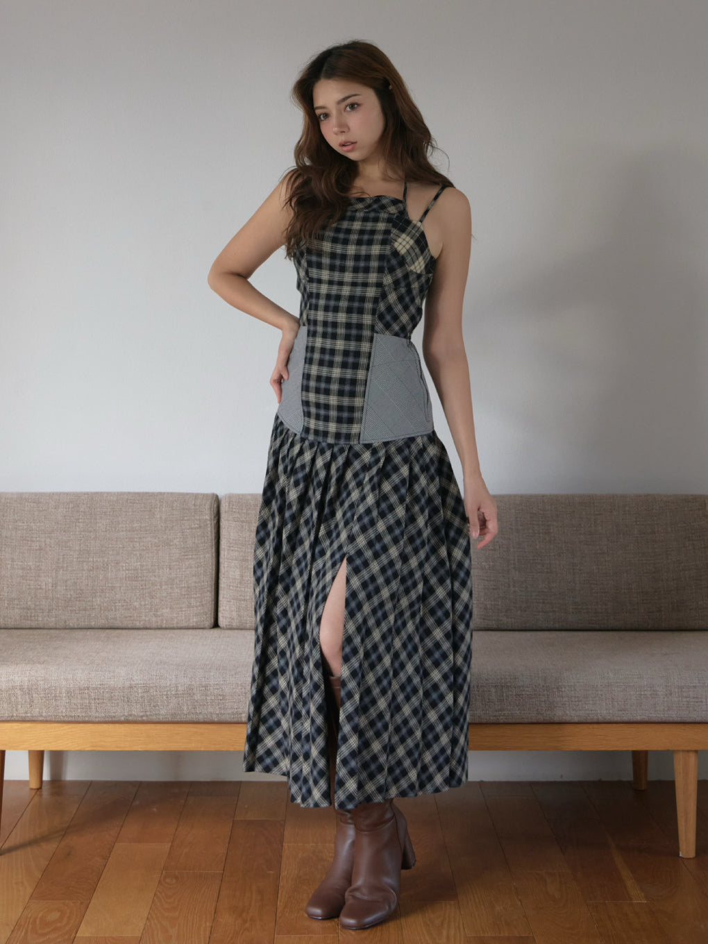 Anne check long dress