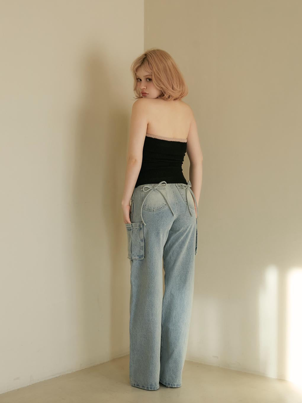 Back ribbon denim cargo pants