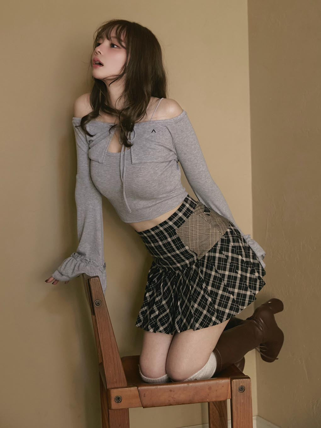 Coco check pleats skirt