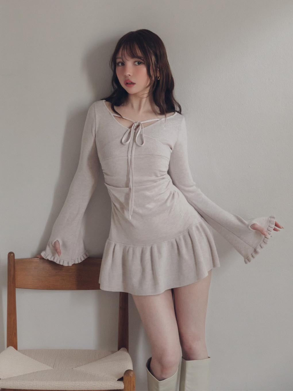 レディース【andmary】 Fleur knit mini dress ベージュ - ミニワンピース