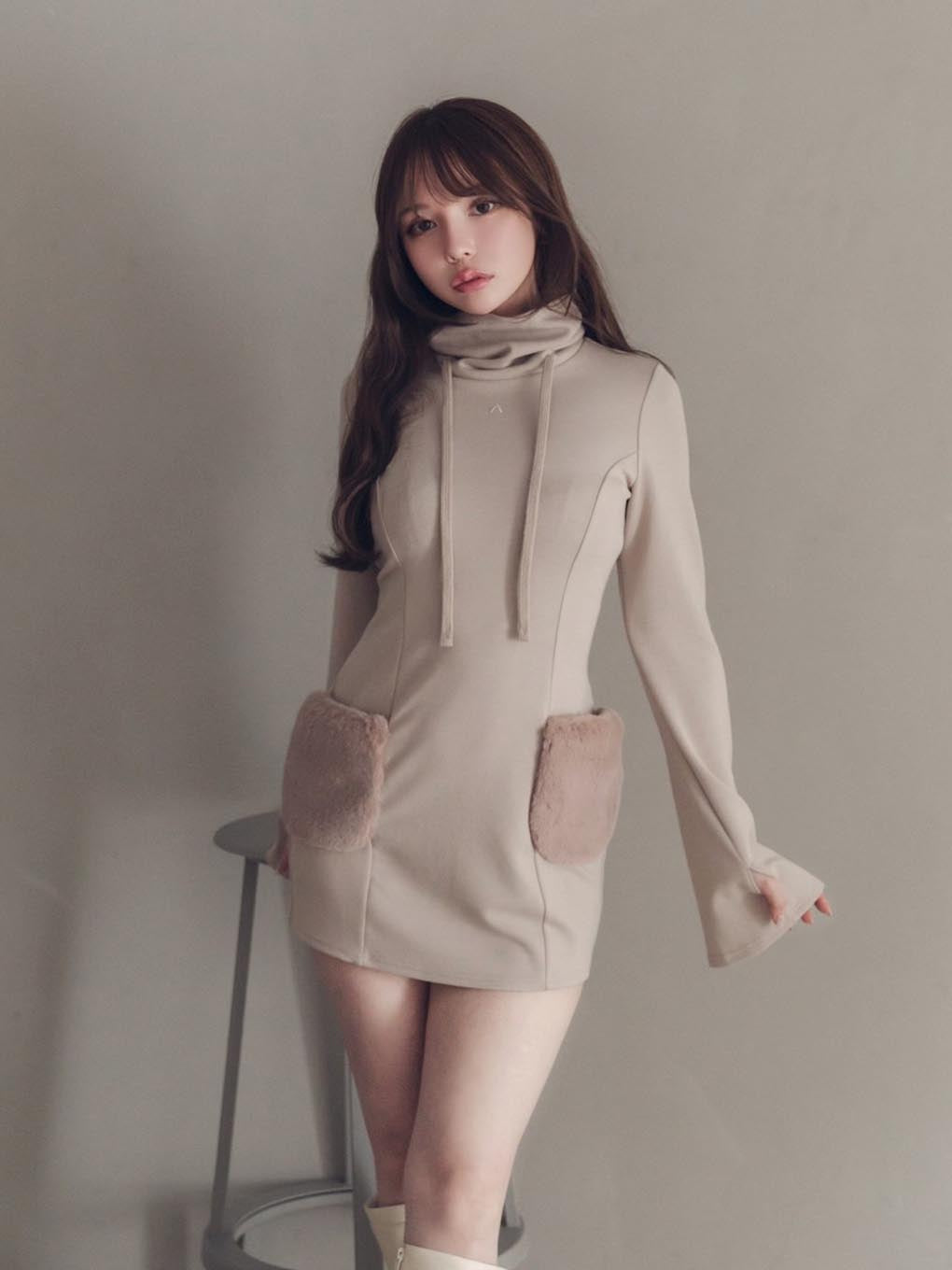 柄デザイン無地andmary Fur pocket mini dress - ミニワンピース