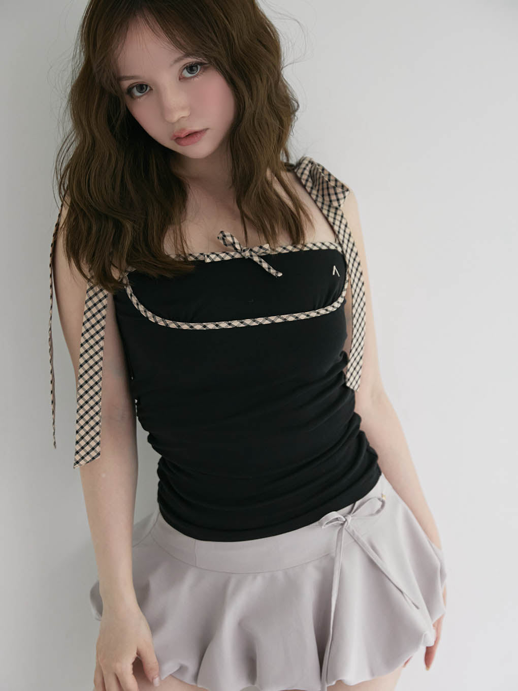 Alice check ribbon tops