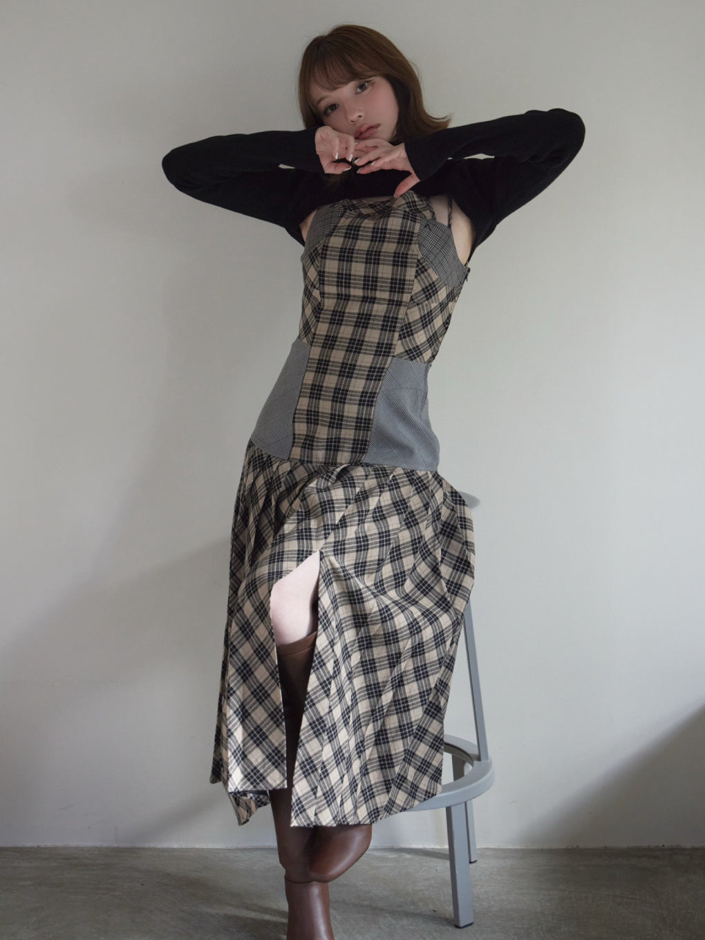 Anne check long dress