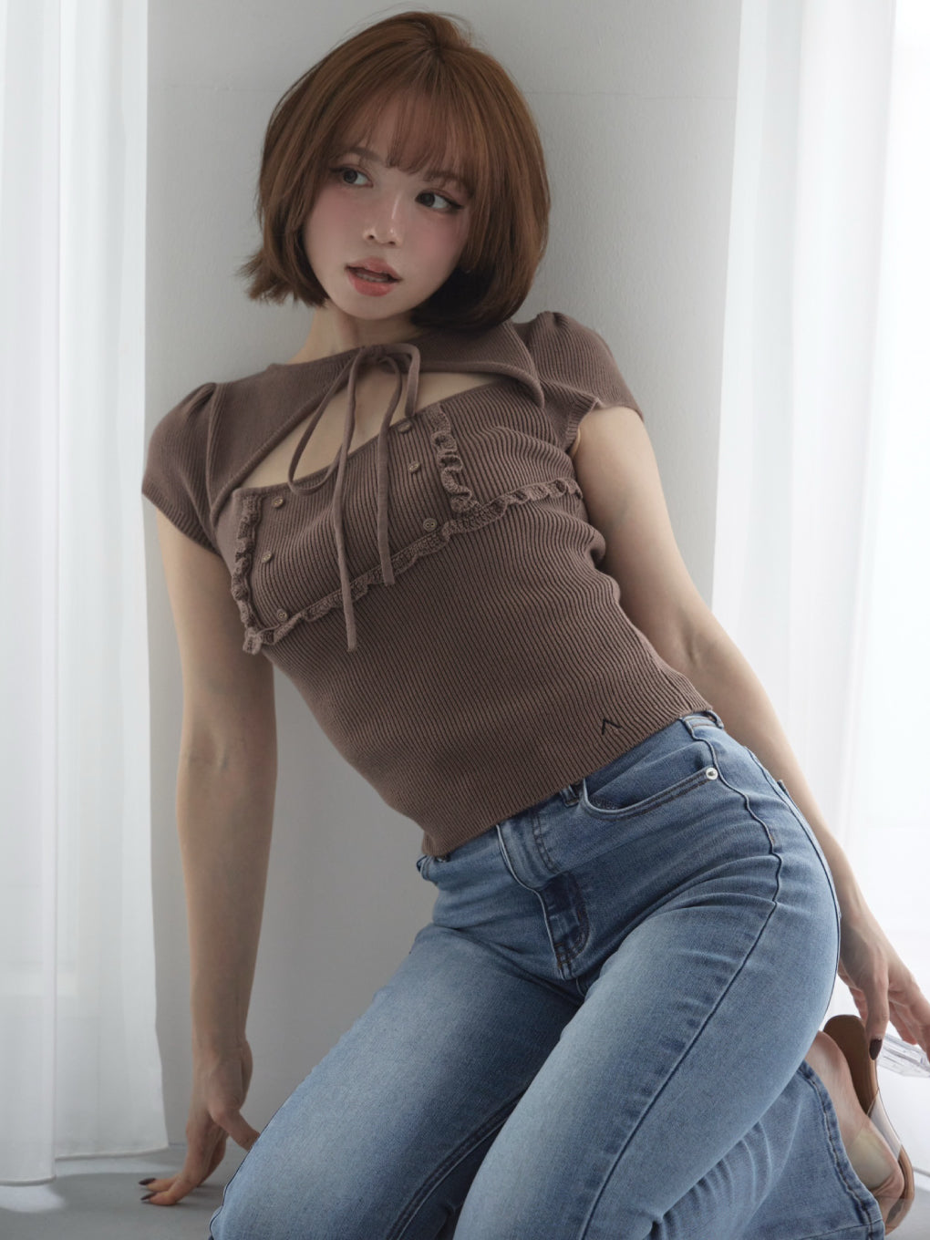トップス ANNDARY Bell frill knit tops brown ANDMARY】Bell frill knit tops