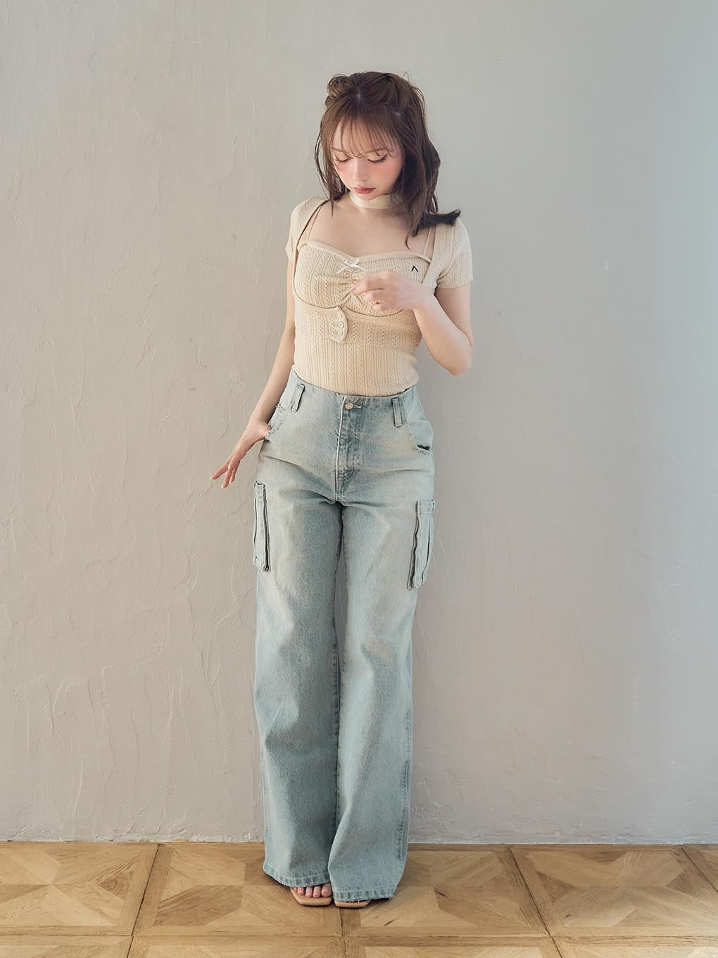 Back ribbon denim cargo pants