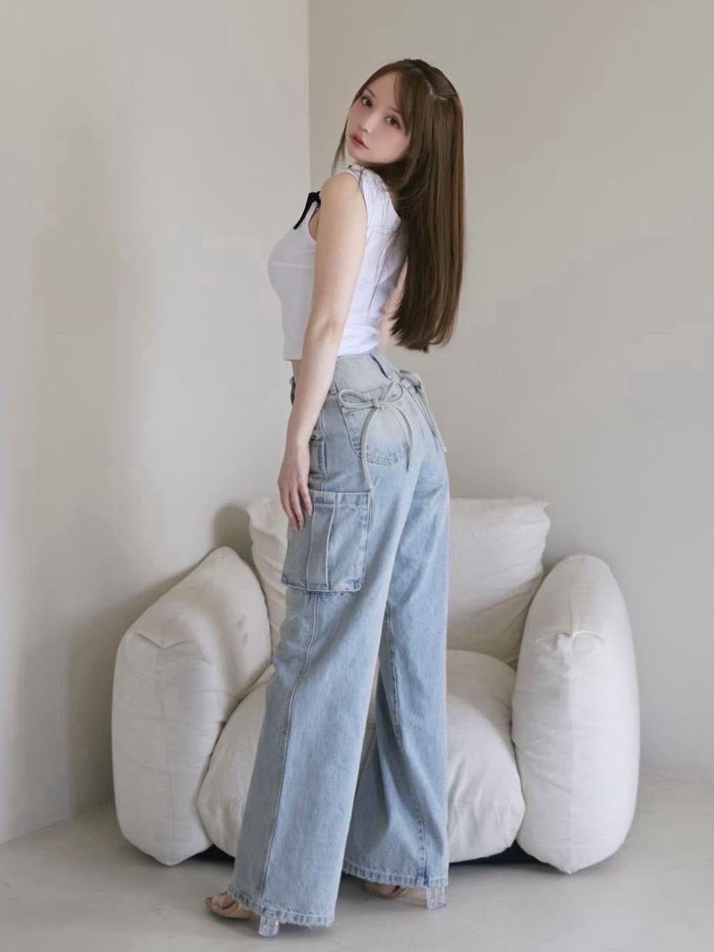ANDMARY】Back ribbon denim cargo pants 