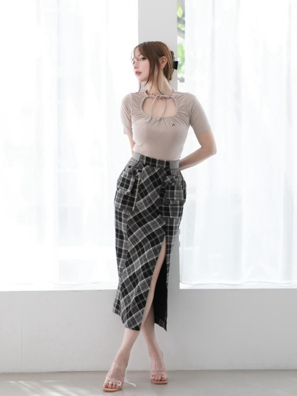 Anna check long skirt