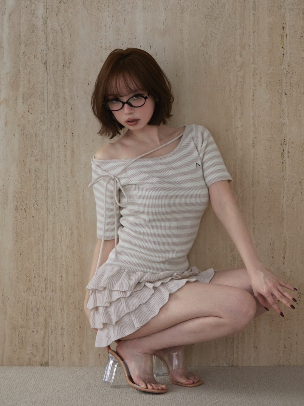 ワンピース Rachel knit frill mini dress AM1688 ANDMARY】Rachel knit frill mini dress