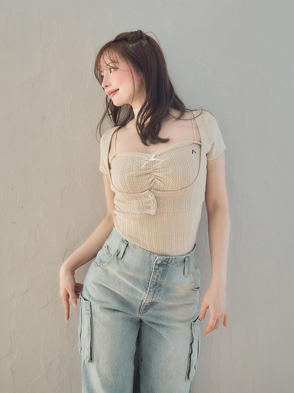 Back ribbon denim cargo pants