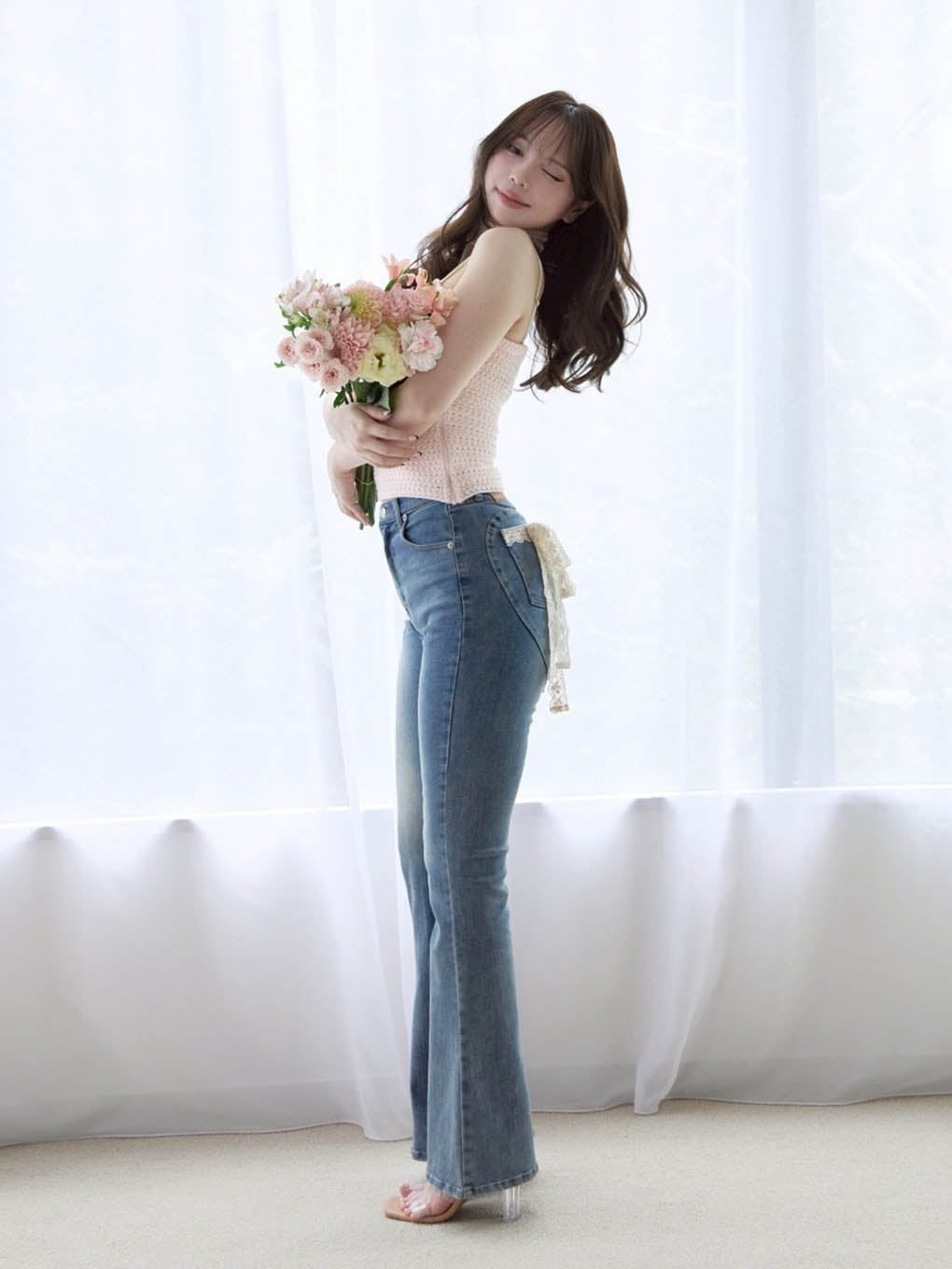 Lacey ribbon heart hip denim