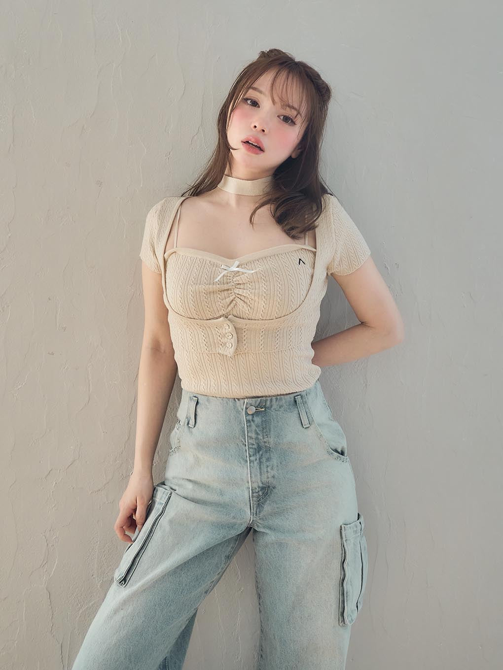 Back ribbon denim cargo pants