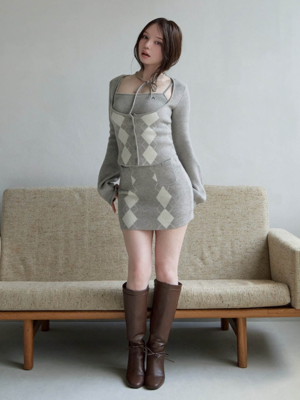Argyle ribbon knit set up