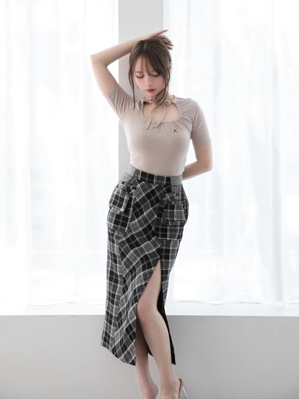 Anna check long skirt