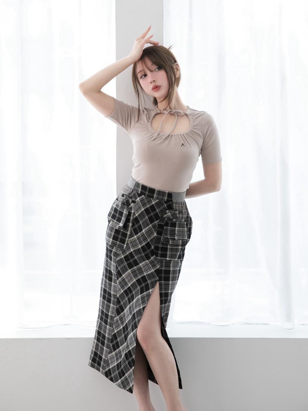Anna check long skirt
