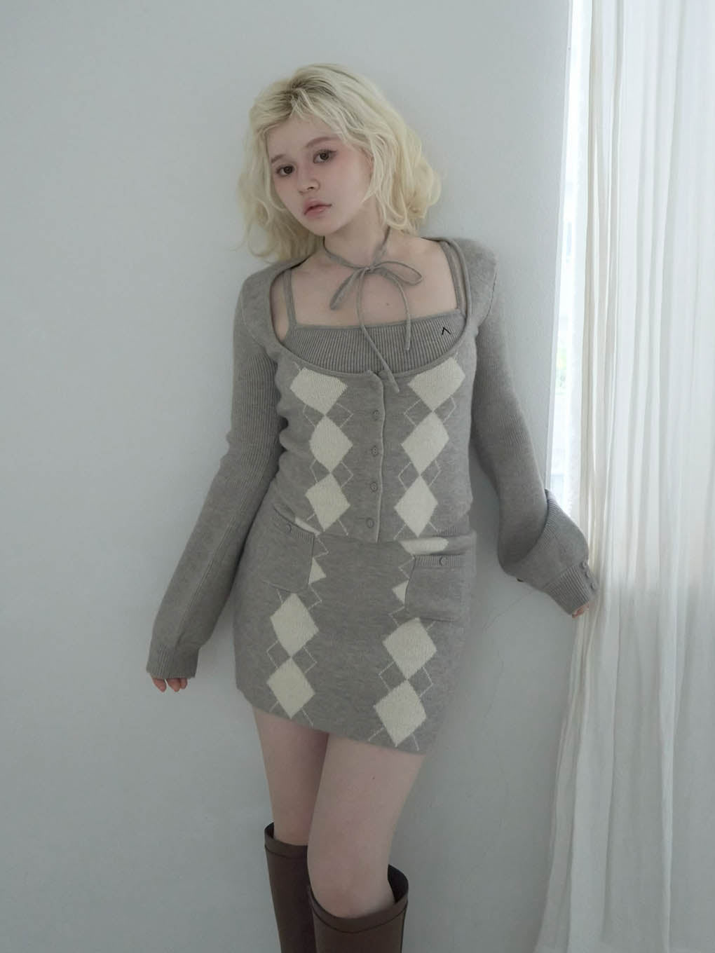 Argyle ribbon knit set up