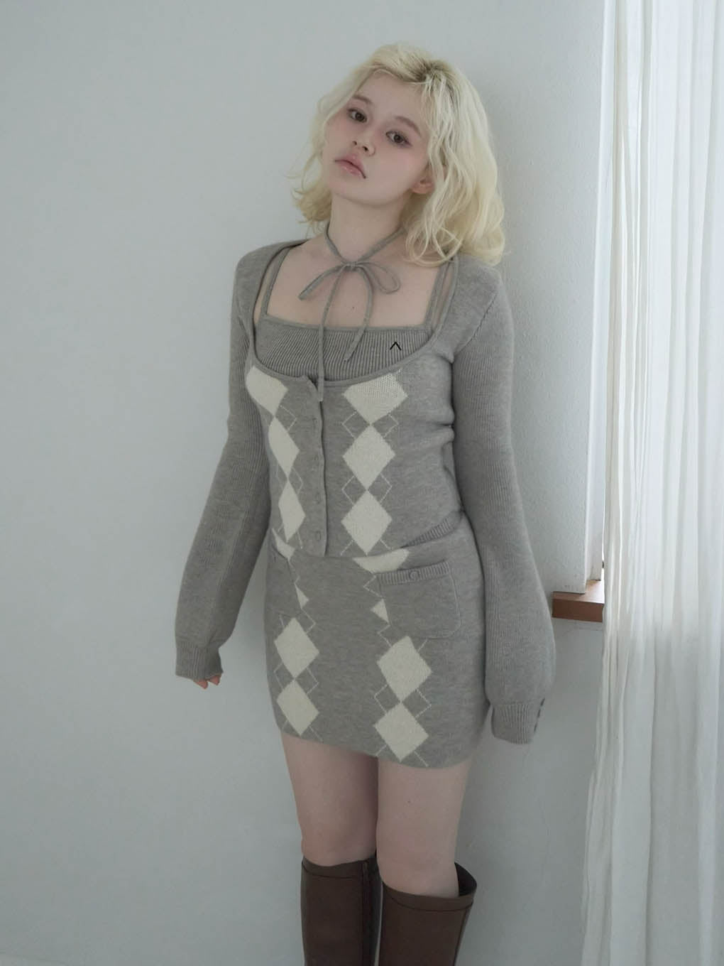 Argyle ribbon knit set up