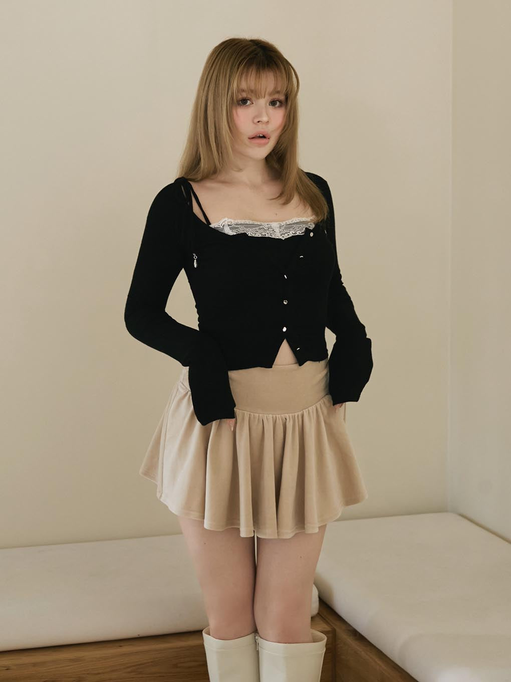 Silky velor mini skirt