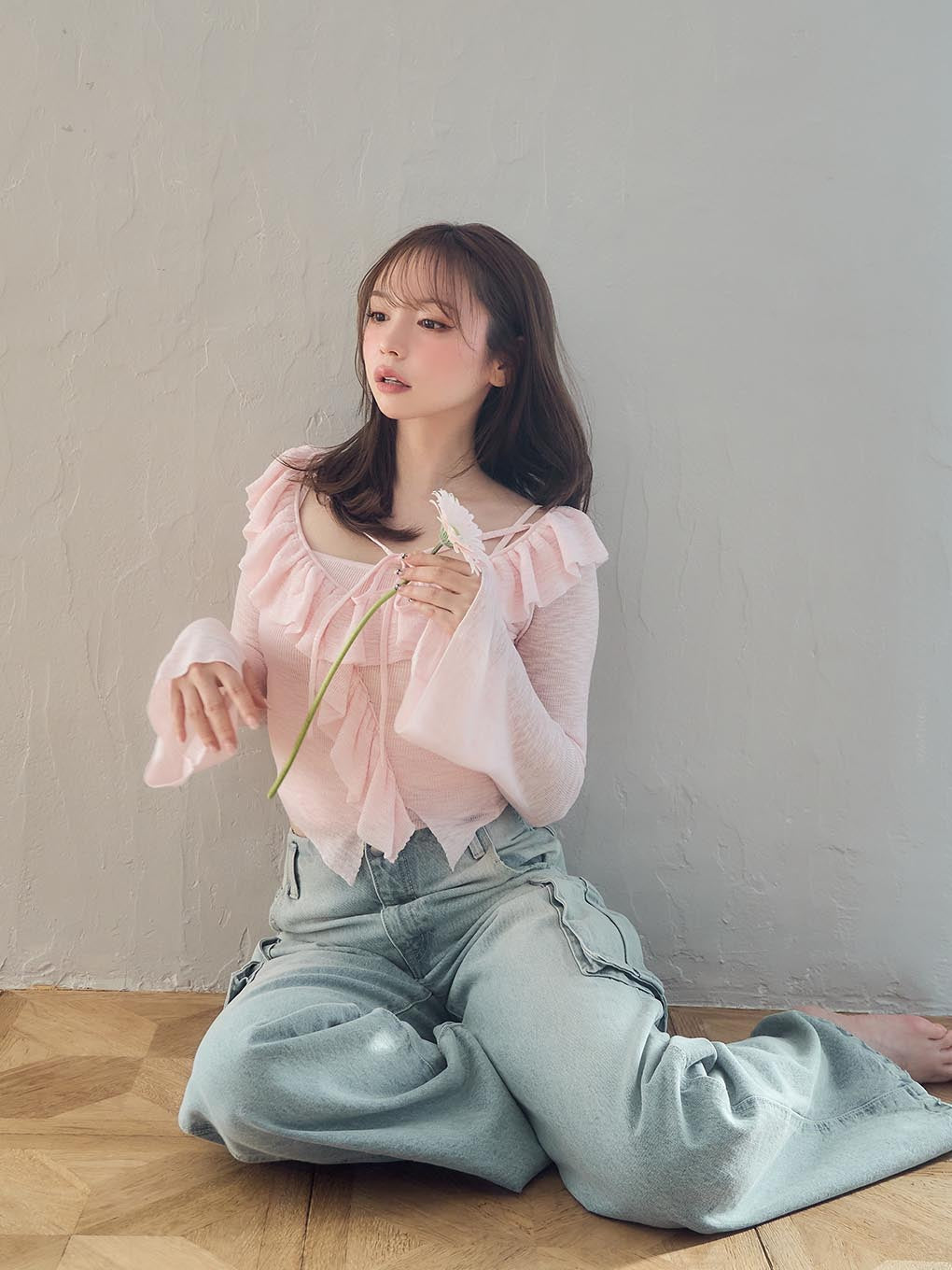 Back ribbon denim cargo pants