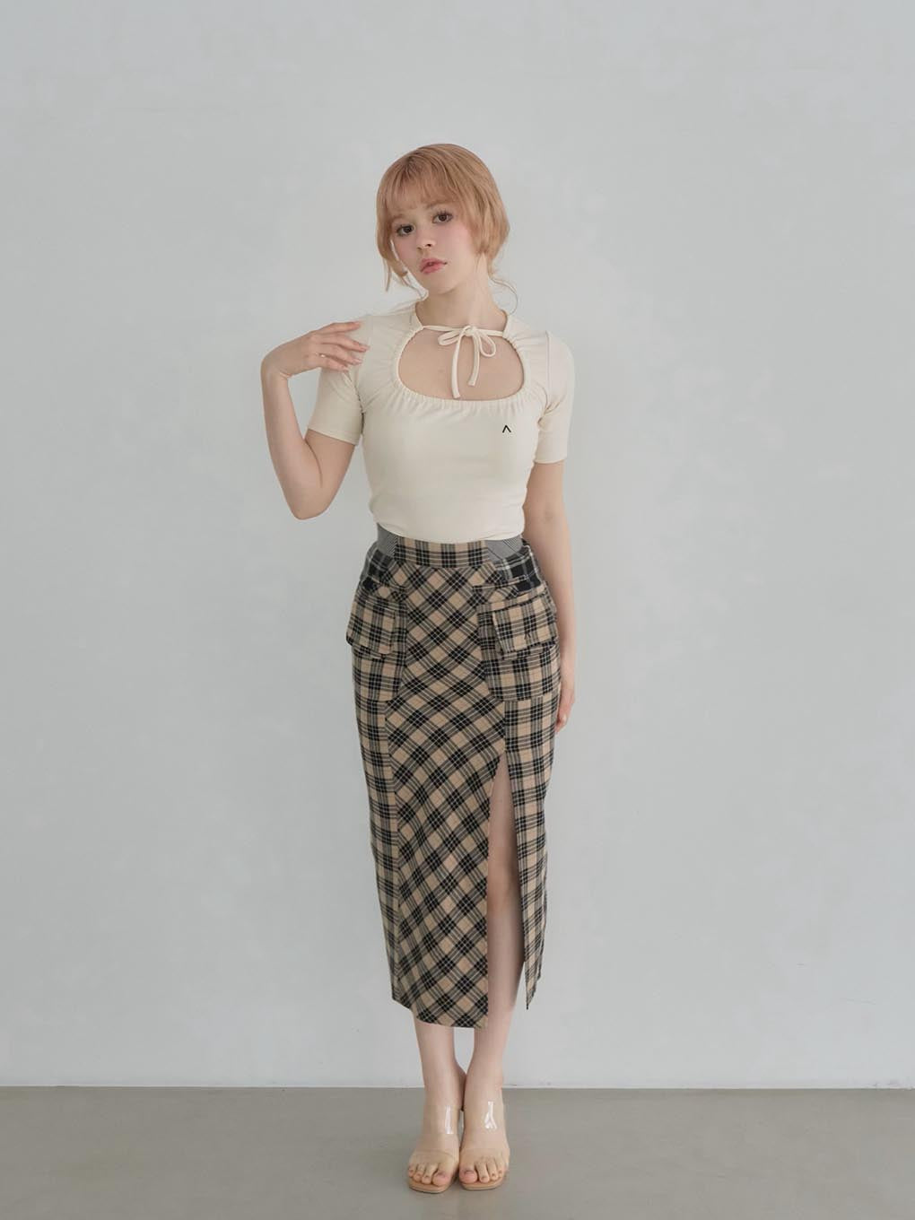 Anna check long skirt