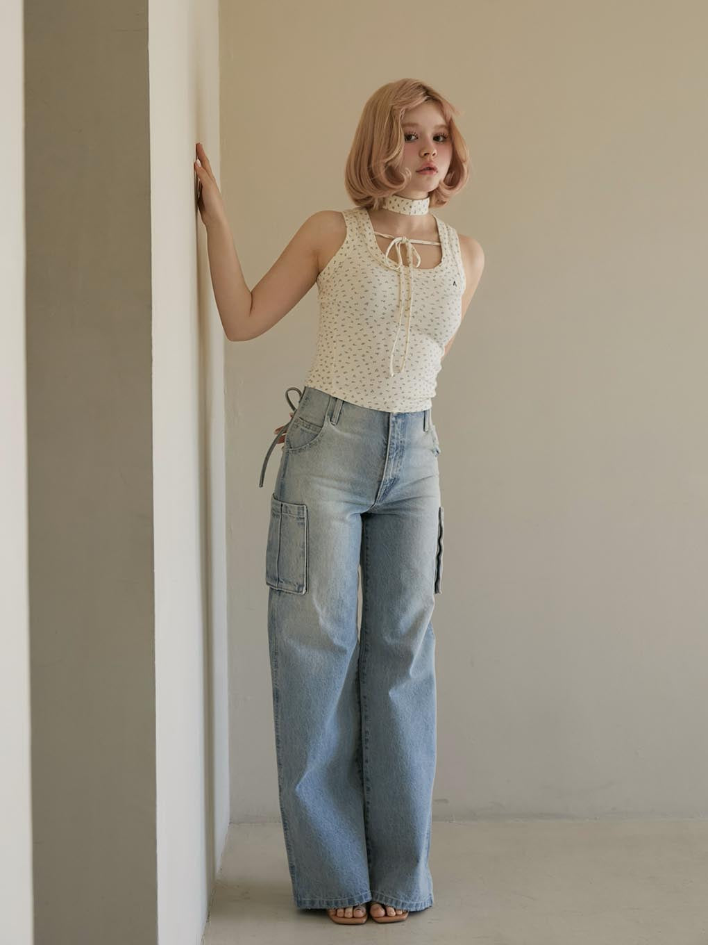 Back ribbon denim cargo pants