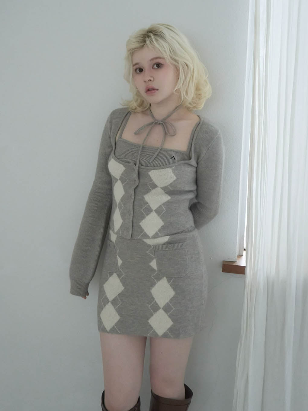 Argyle ribbon knit set up