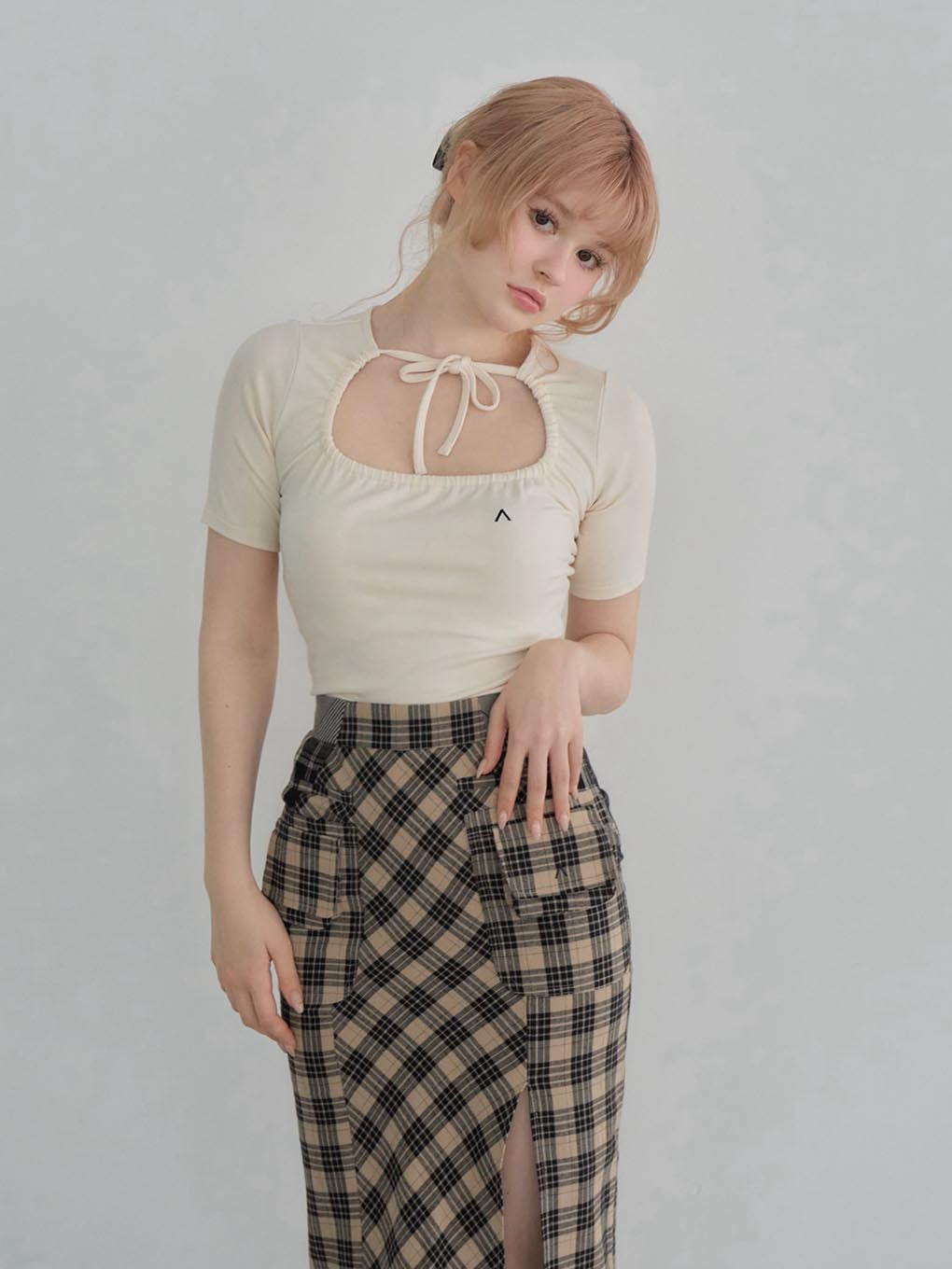 Anna check long skirt