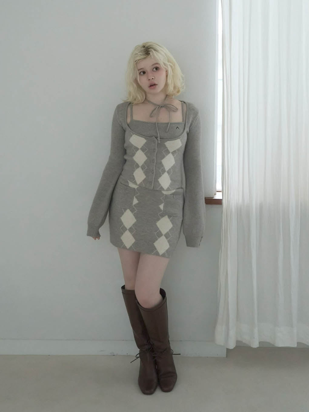 Argyle ribbon knit set up