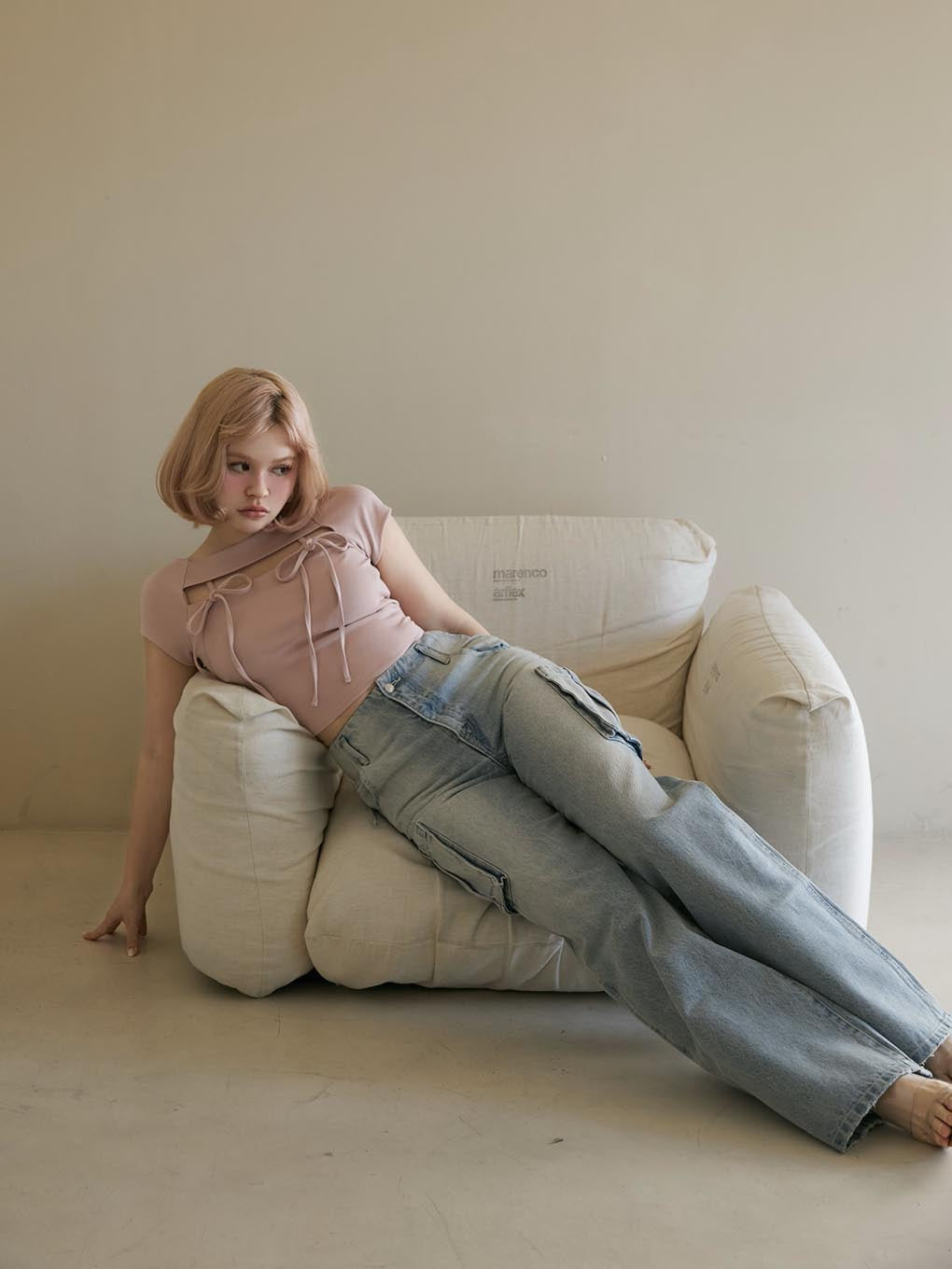 Back ribbon denim cargo pants