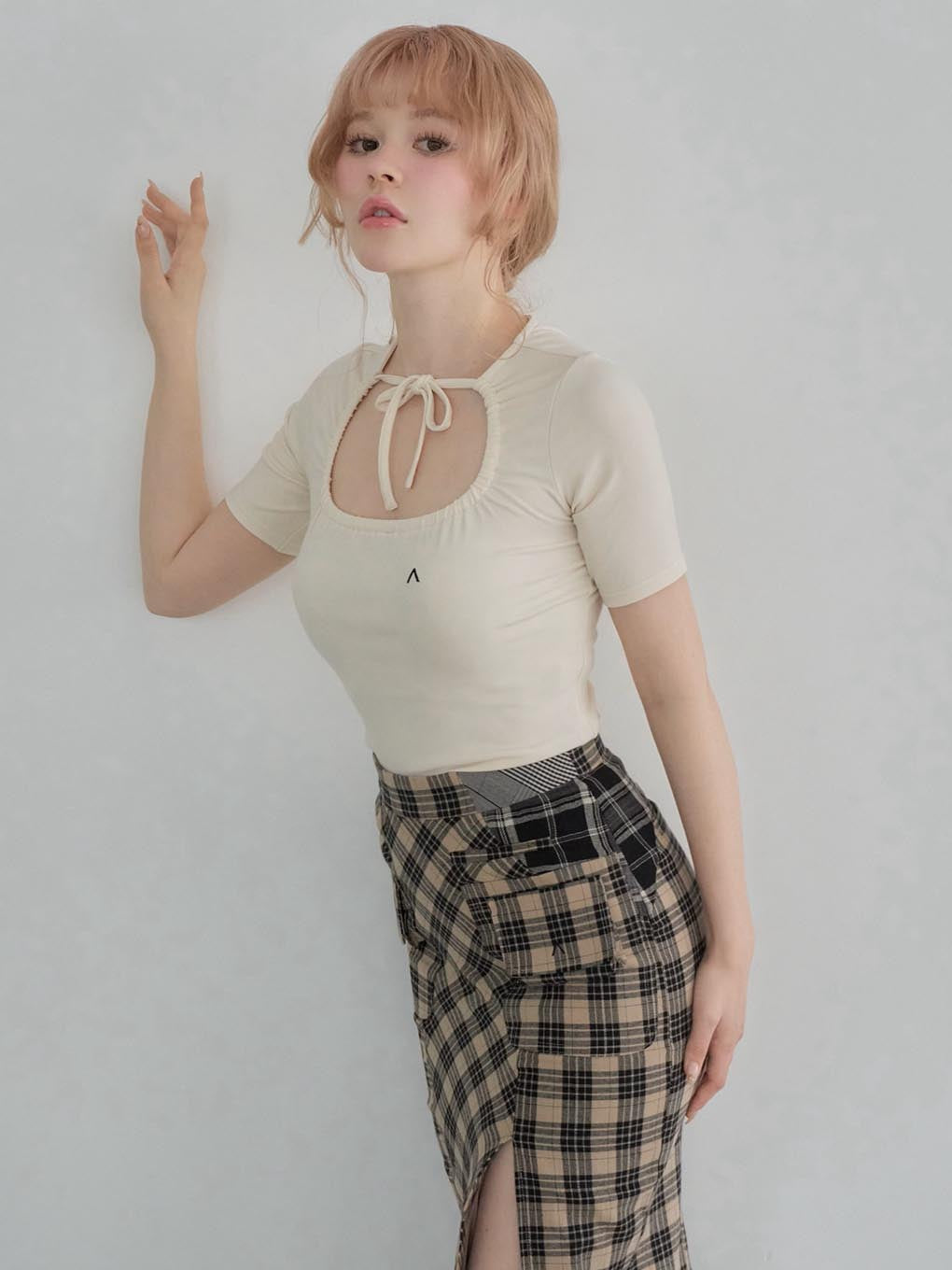 Anna check long skirt