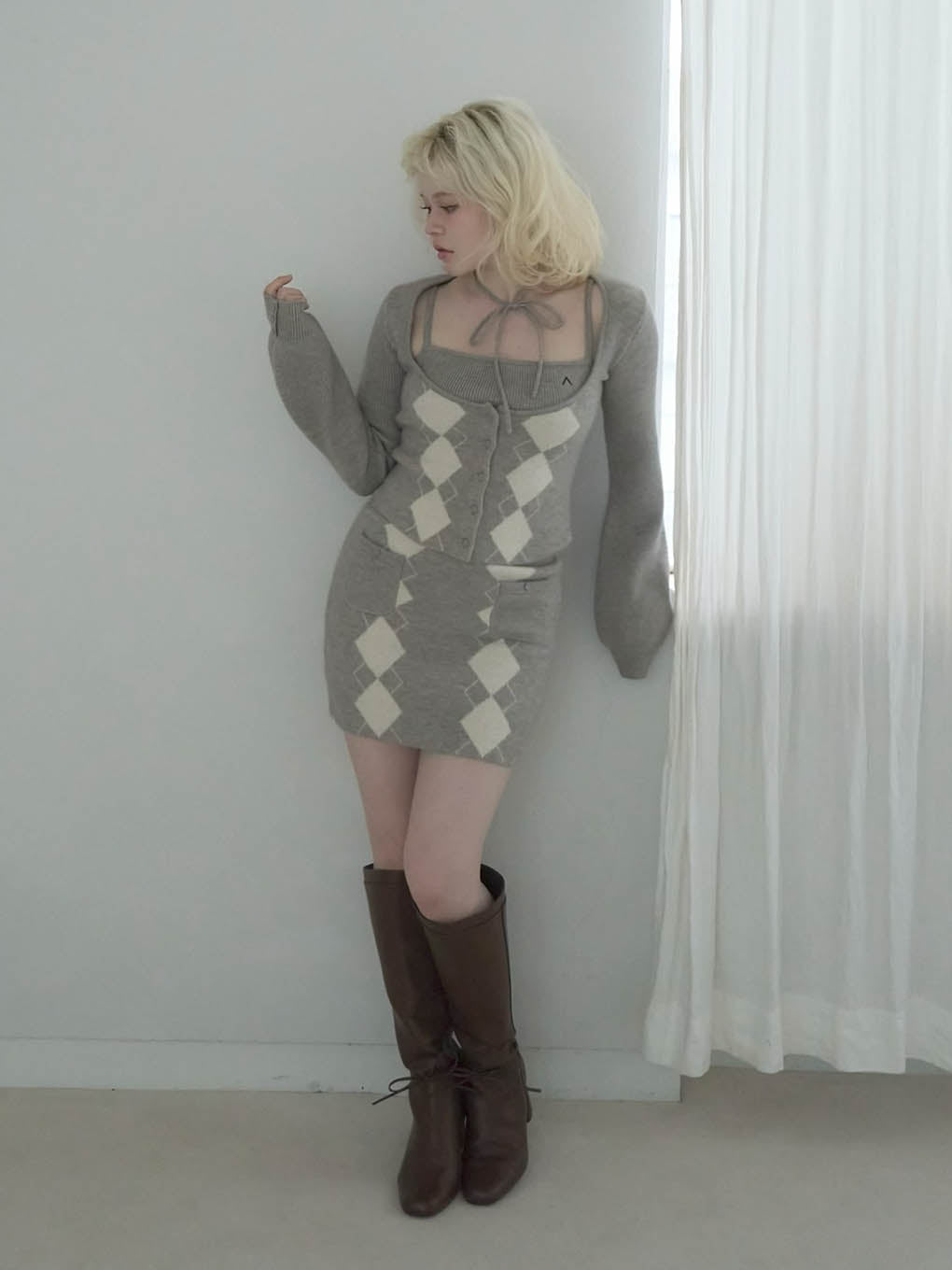 Argyle ribbon knit set up