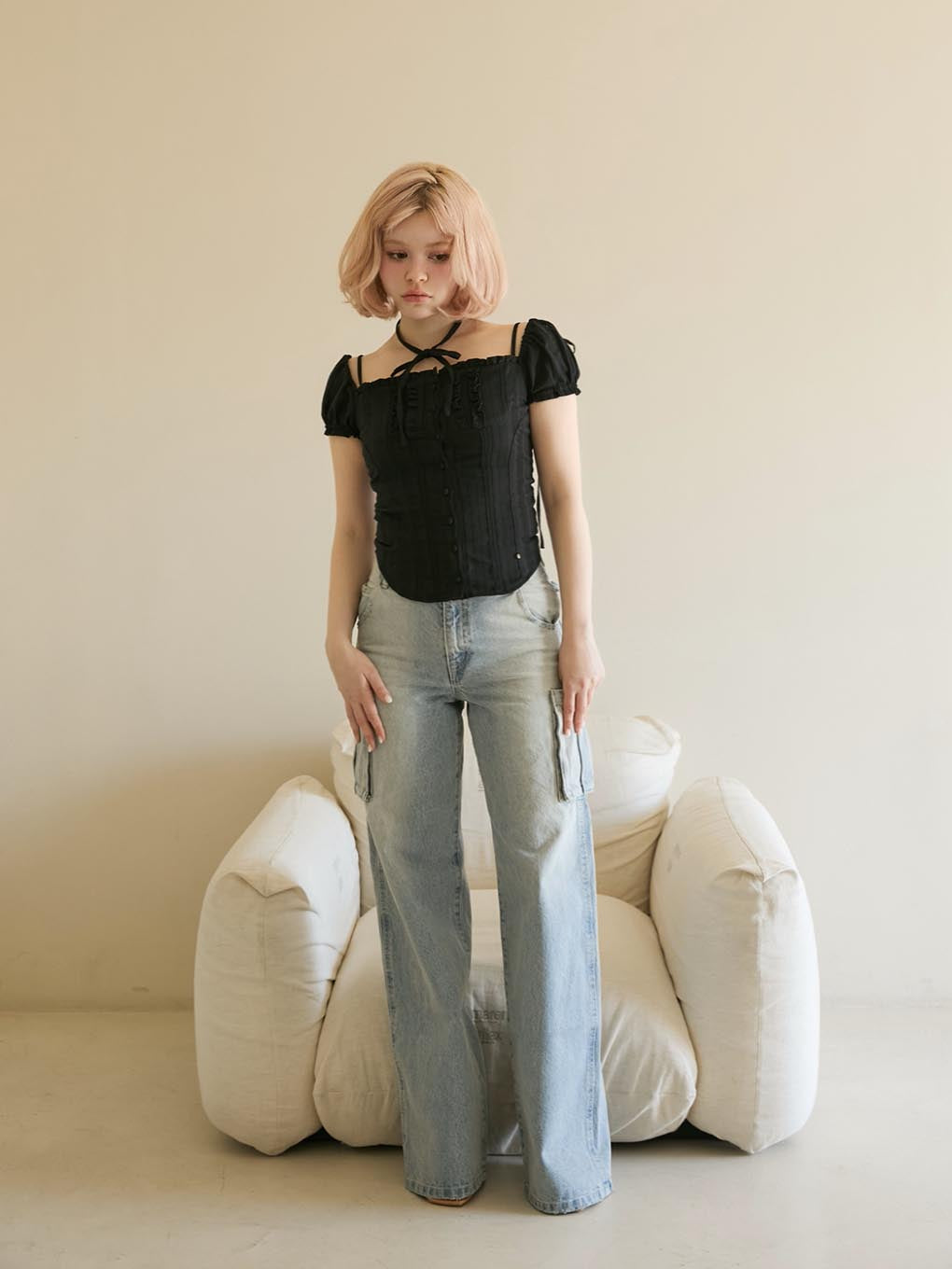 Back ribbon denim cargo pants