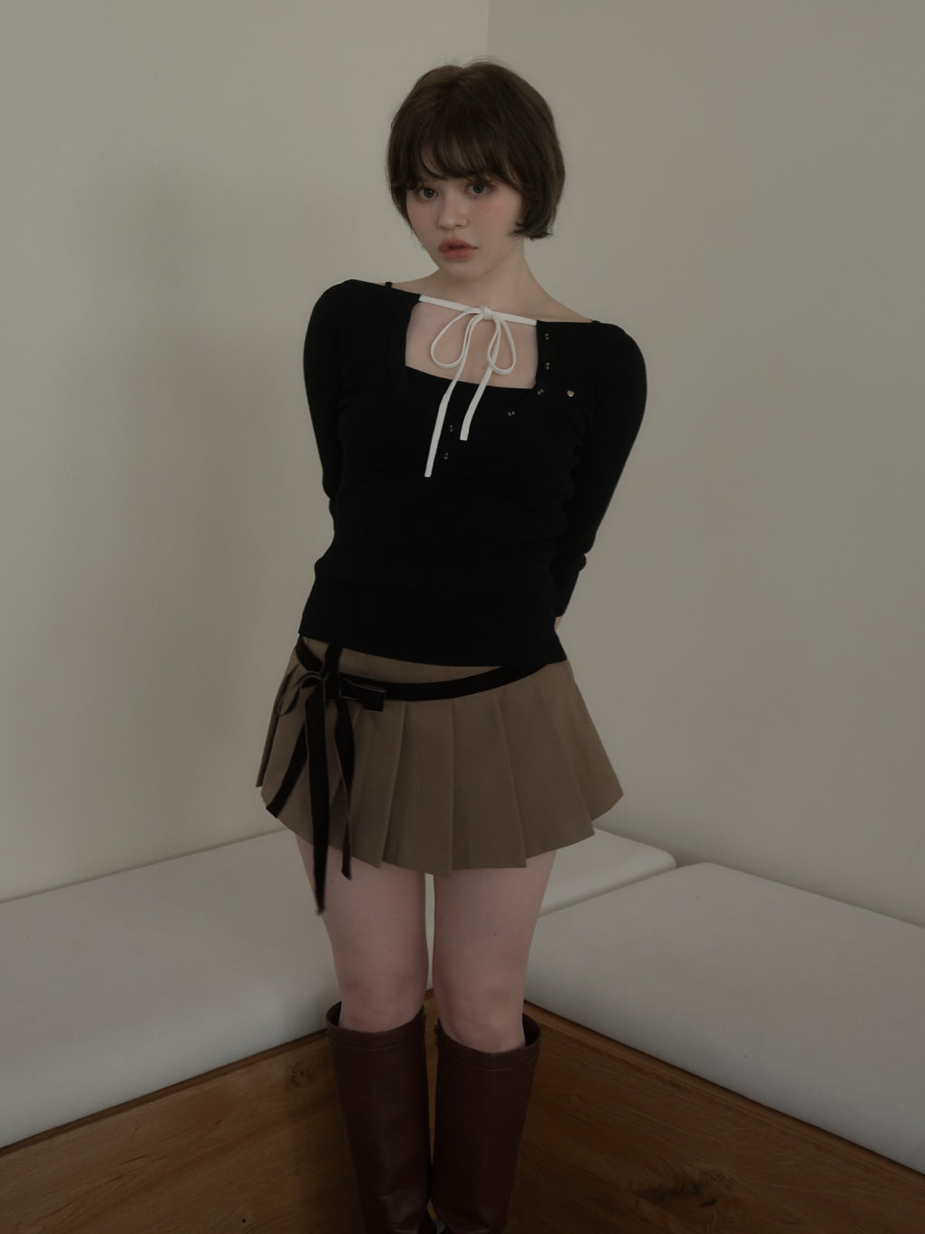パンツ andmary Ribbon check mini pants brown M ANDMARY】Ribbon check mini pants