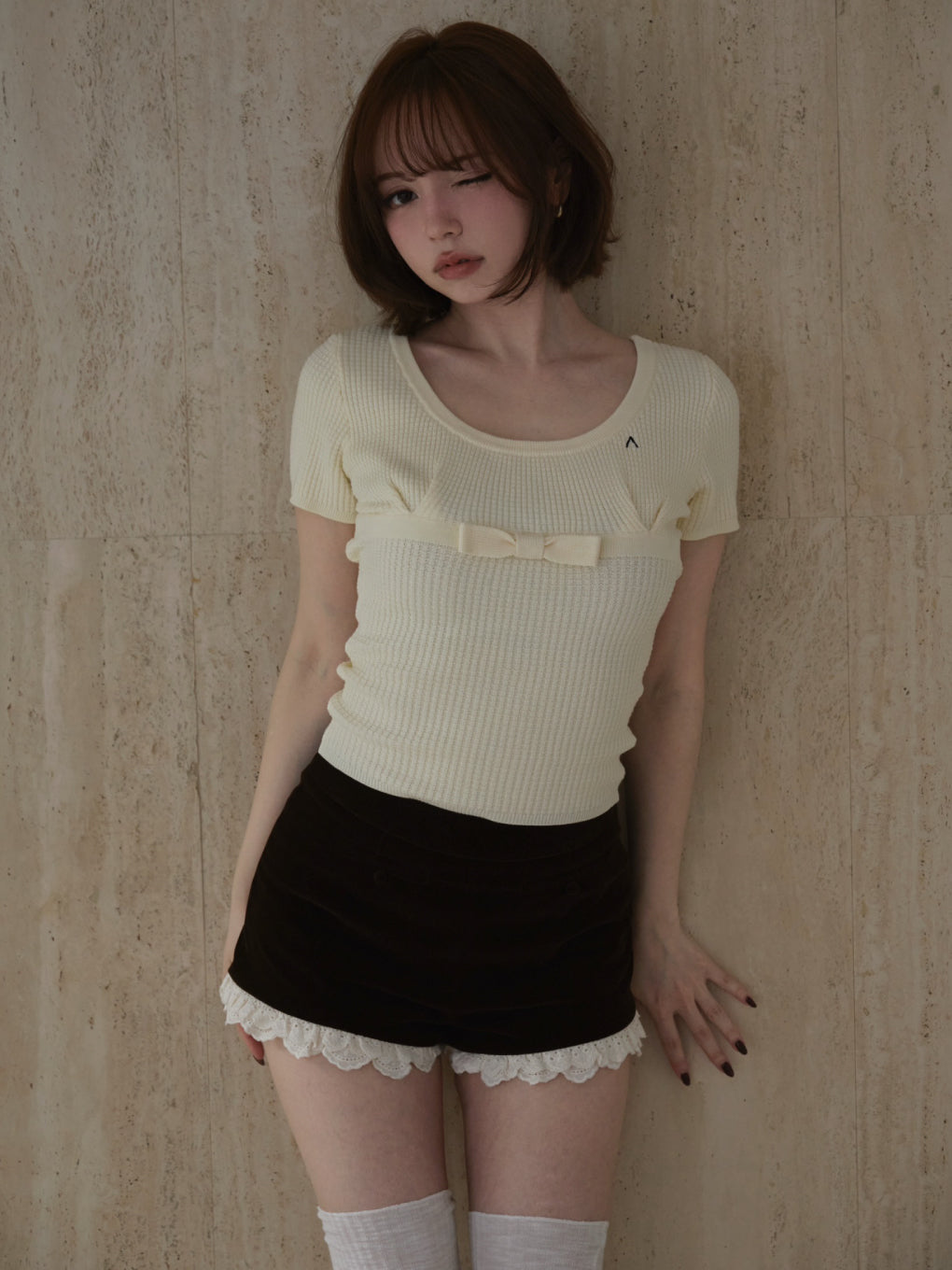ANDMARY】Waffle ribbon tops