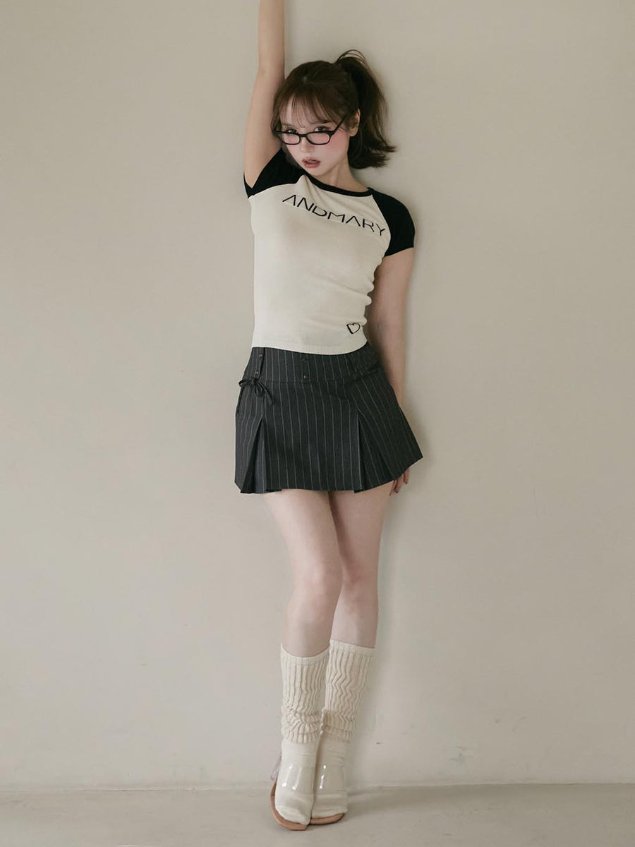 ANDMARYストライプ ベージュ ミニスカート S（Robin girls set up 