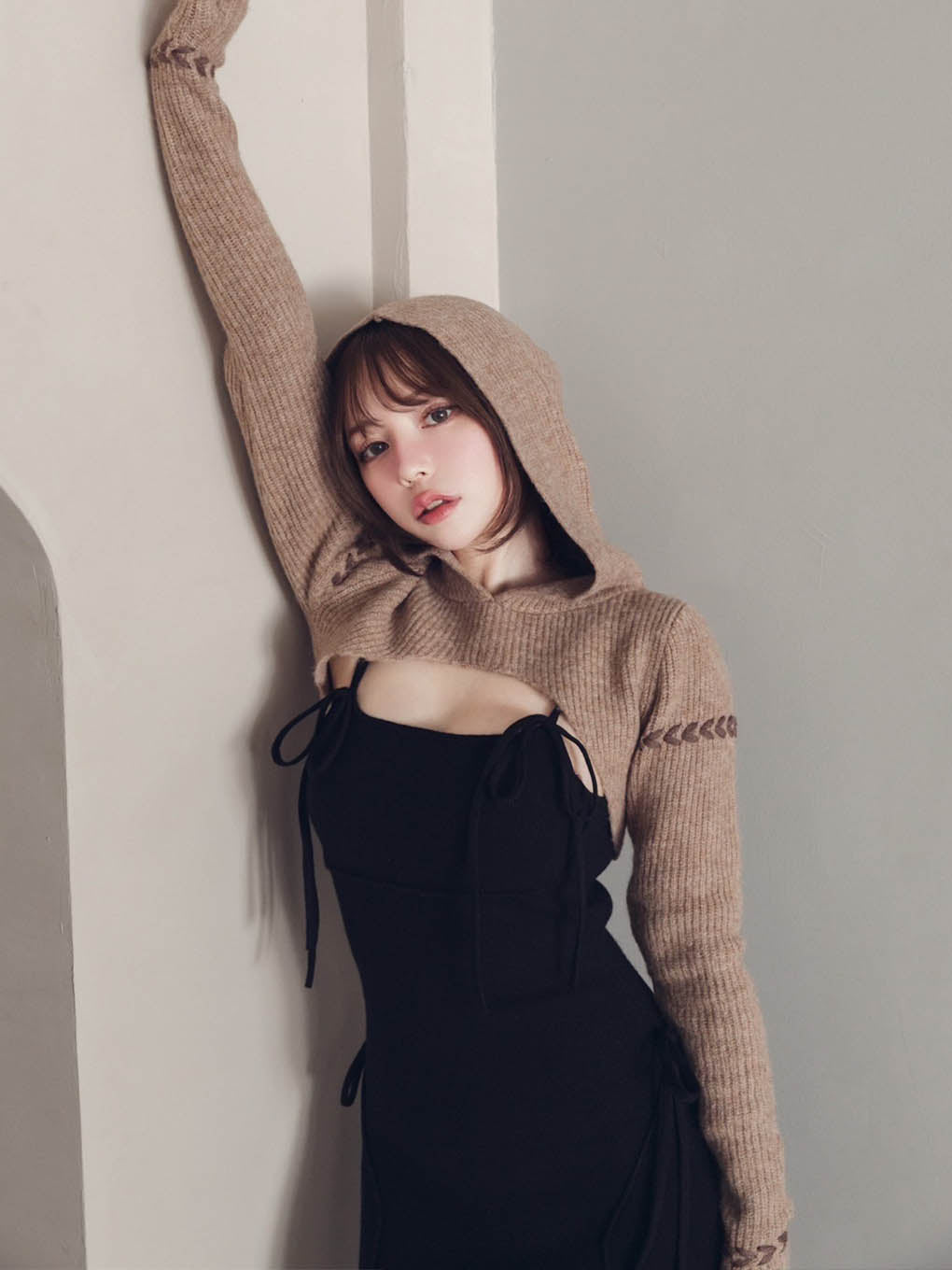 袖丈長袖ANDMARY Mitten layered knit dress Brown