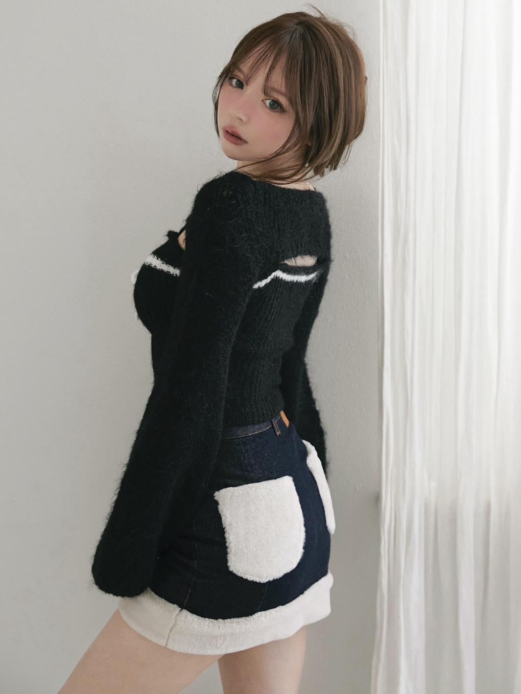 Fur pocket denim skirt