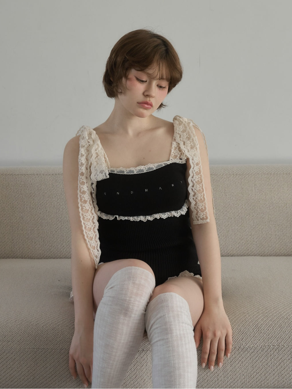 トップス IVORY ANDMARY LIL LACE KNIT TOPS AM1764 ANDMARY】Lil lace knit tops