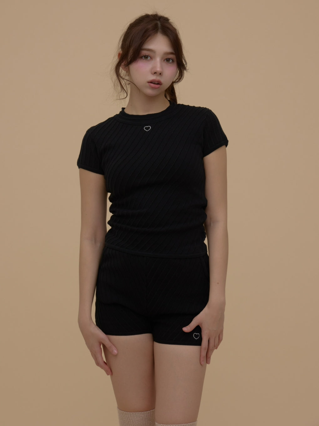 トップス ANDMARY Heart point tops black ANDMARY】Heart point knit set up