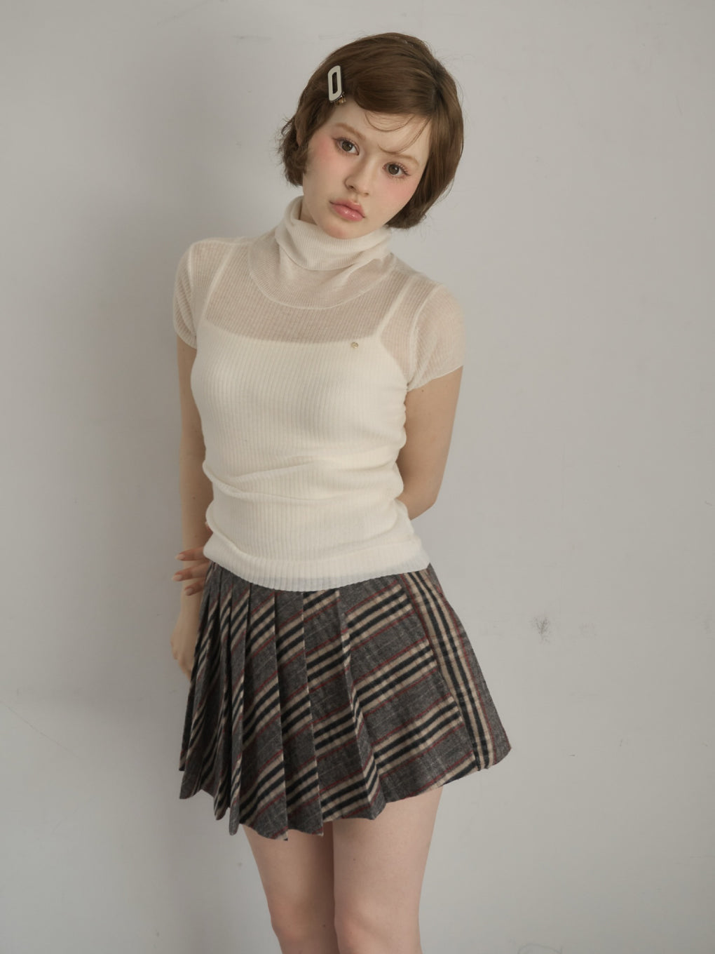 M即日発送ブラックMonica check pleats mini skirt ANDMARY】Monica check pleats mini skirt