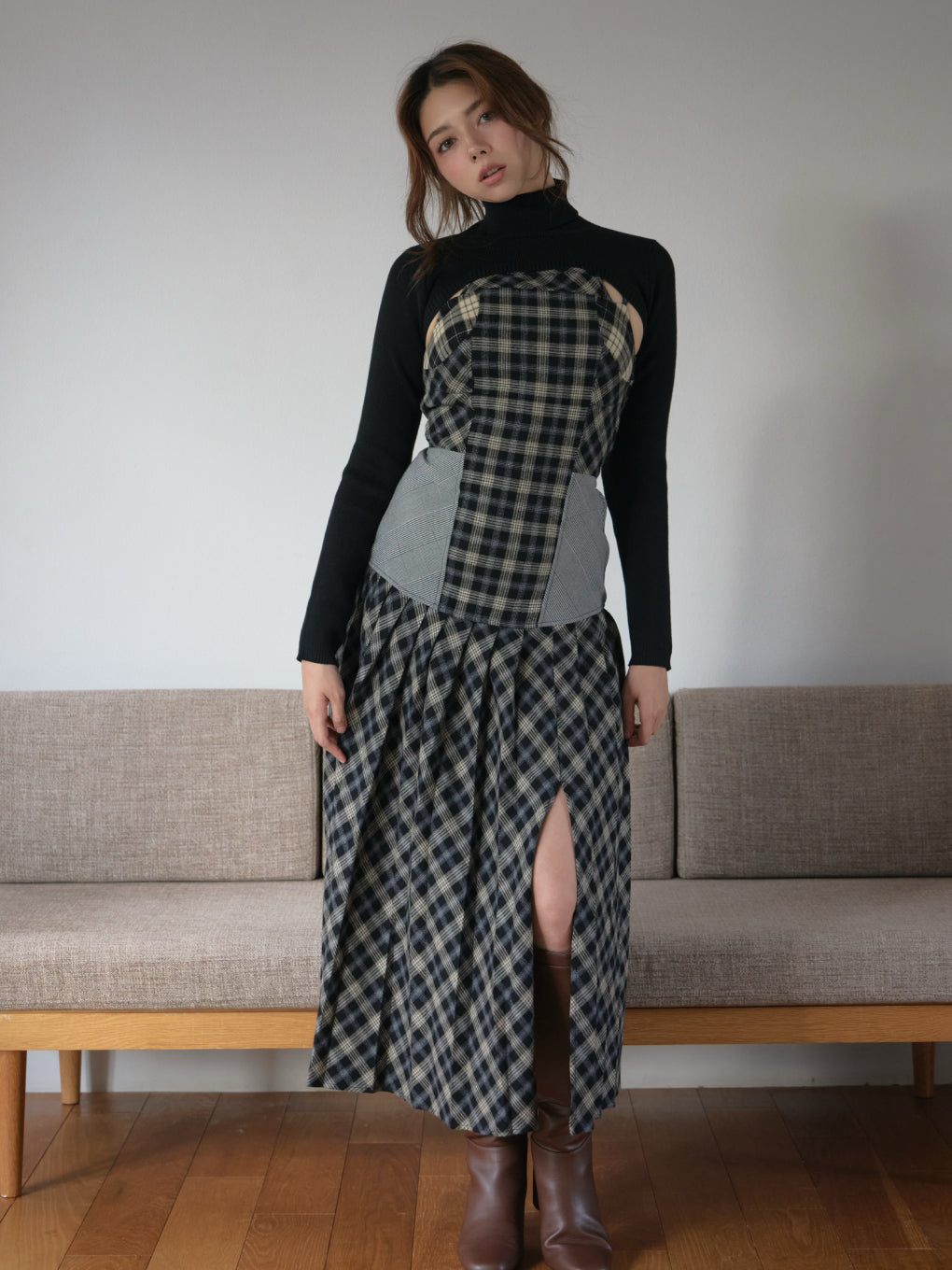 Anne check long dress