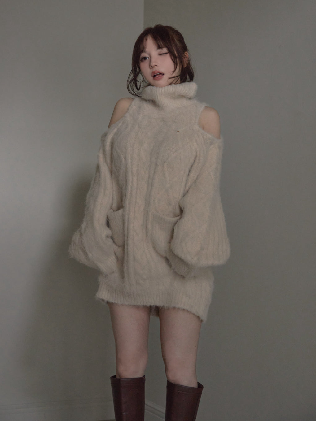 トップス andmary Allyn cable knit dress beige ANDMARY】Allyn cable knit dress