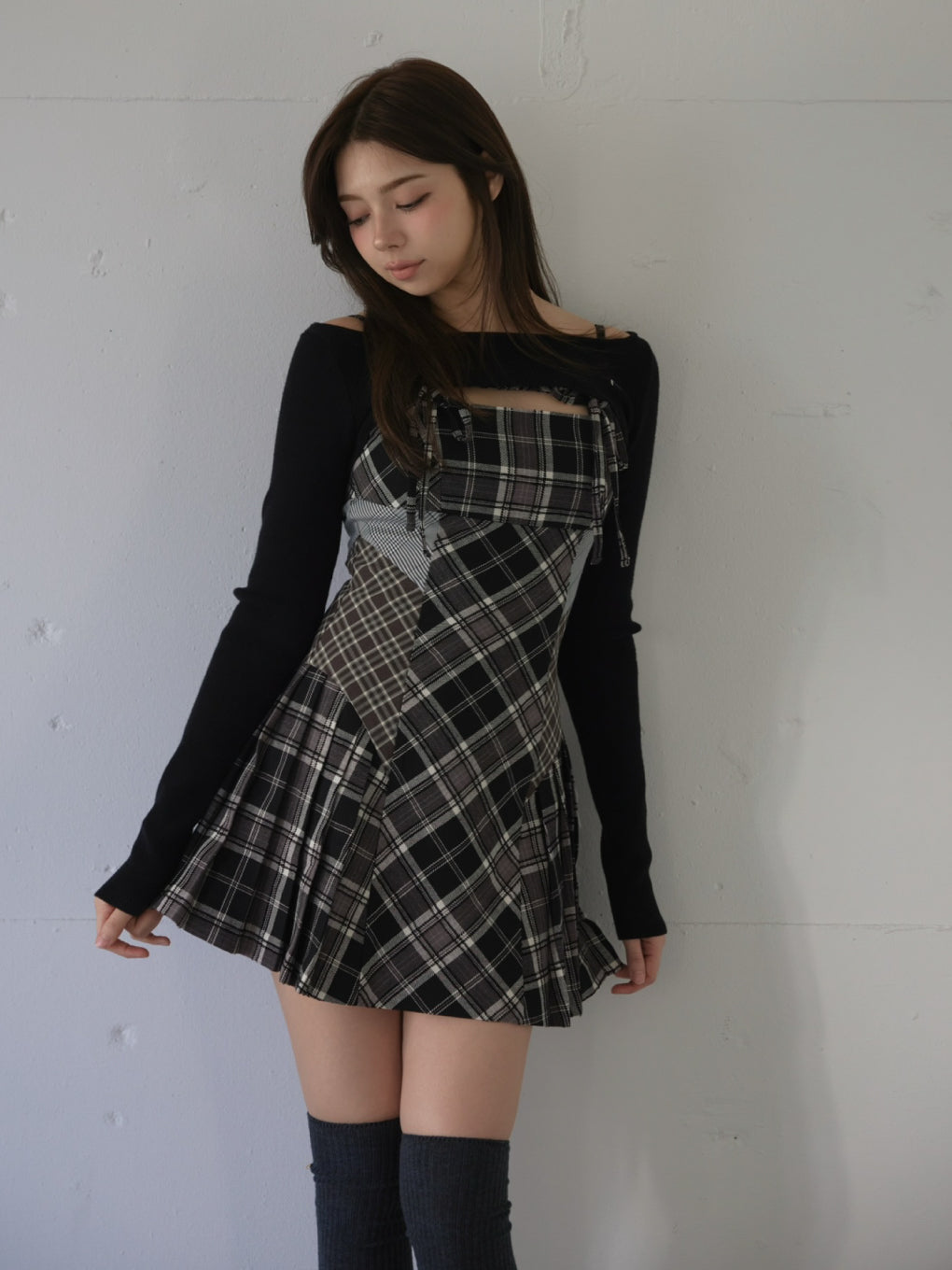 Nadia check pleats mini dress