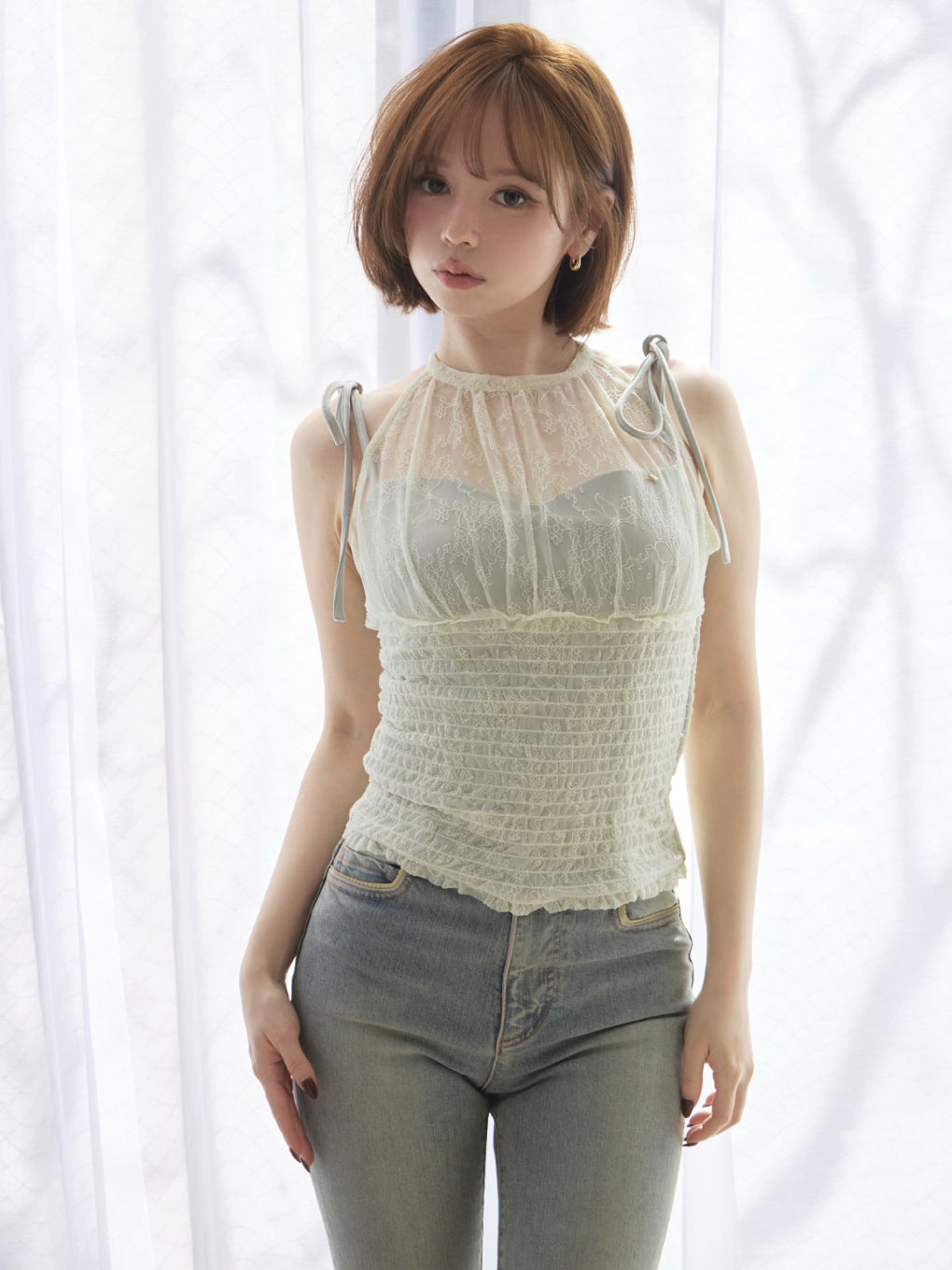 トップス Paula lacey chiffon tops blue ANDMARY】Paula lacey chiffon tops