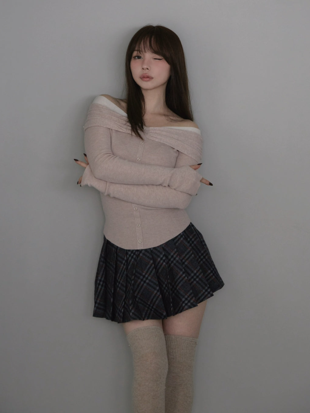 Monica check pleats mini skirt