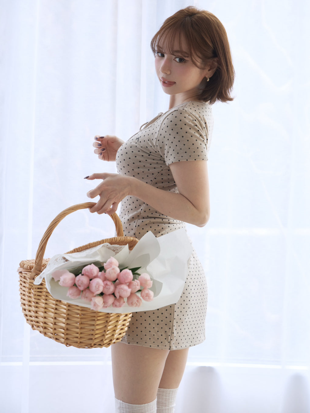 アイボリーCotton ribbon tank andmary ANDMARY】Dot ribbon set up