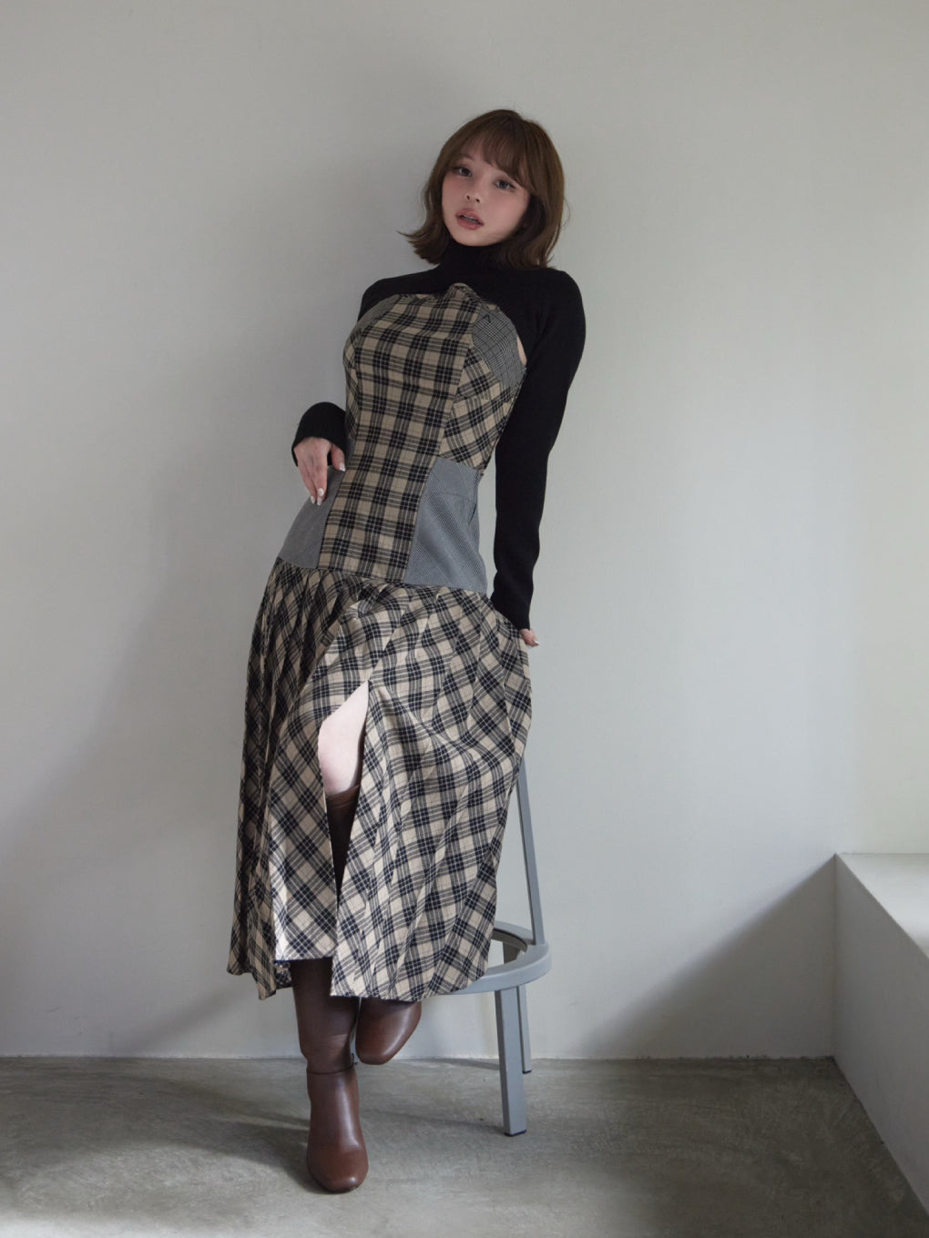 Anne check long dress