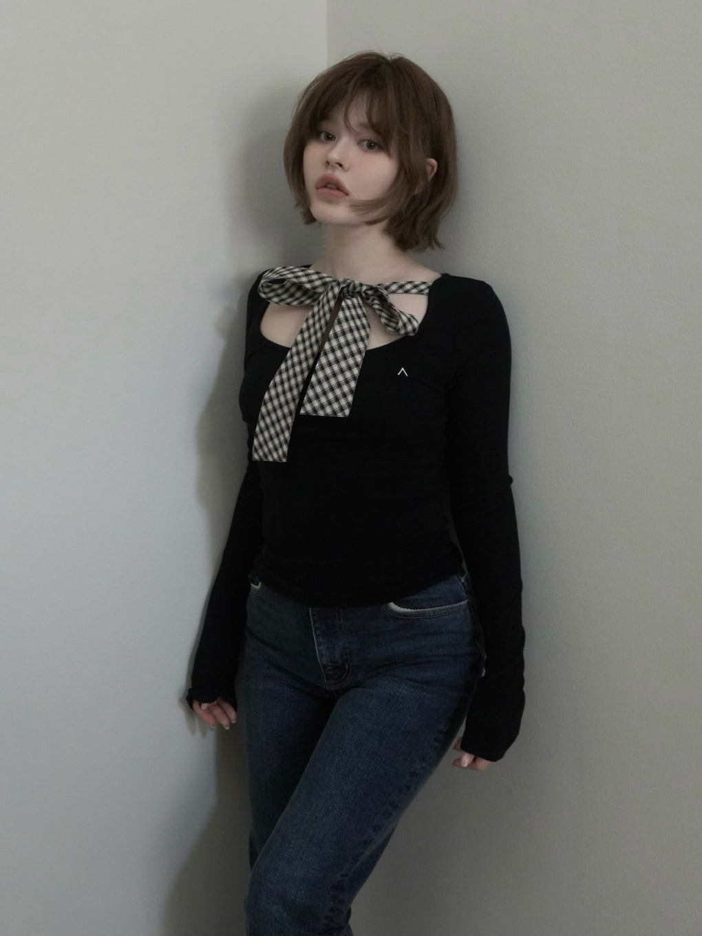ANDMARY】Ami ribbon check tops