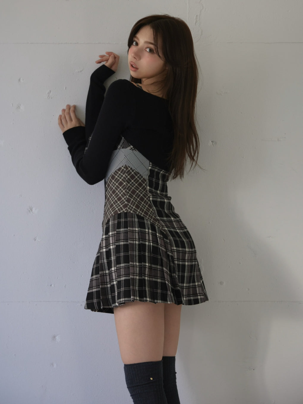 ANDMARY】Nadia check pleats mini dress