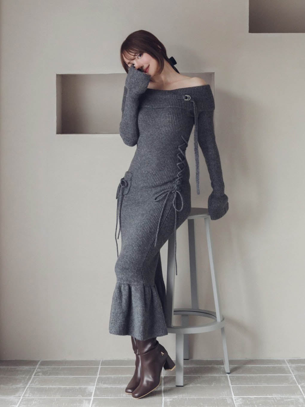 在庫あり/即出荷可】 andmary Ashley ribbon knit dress ブラック